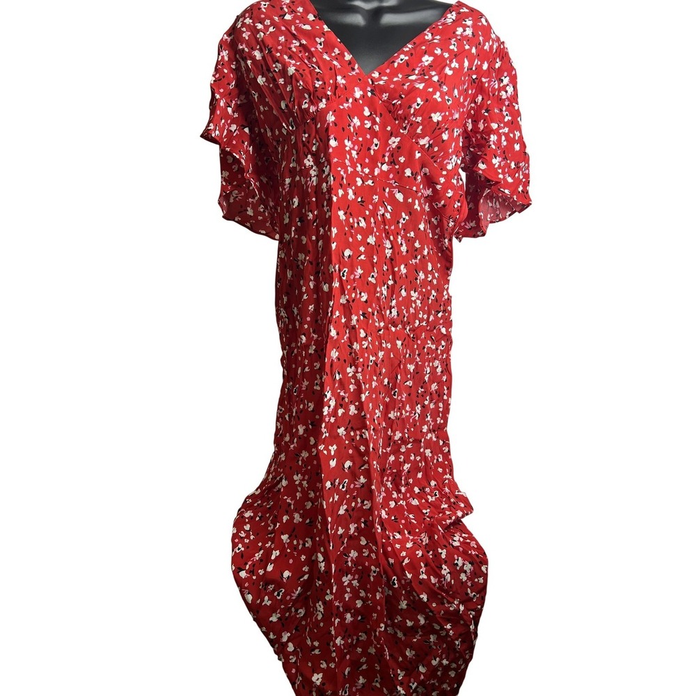 A New Day Dress Womens 6 Red Floral Maxi Wrap Short Sleeve Lightweight V Neck